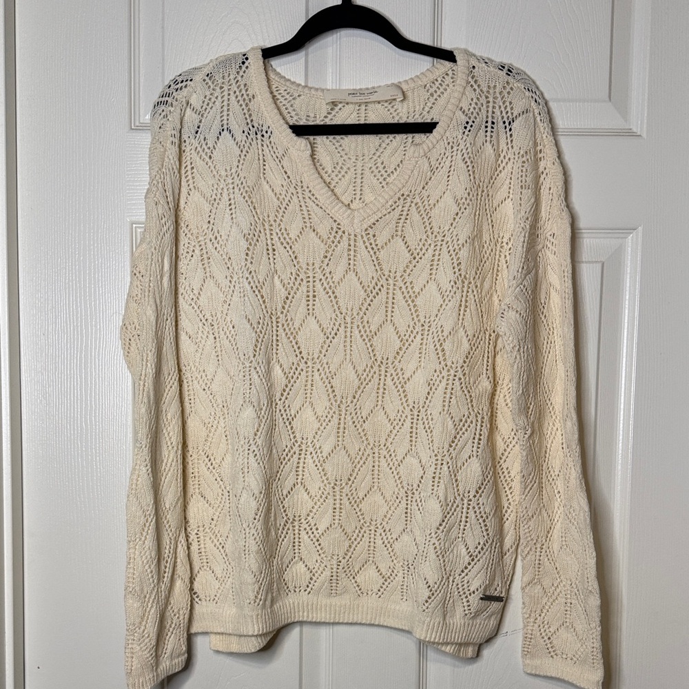 Peace Love World Cream Openwork V-Neck Sweater